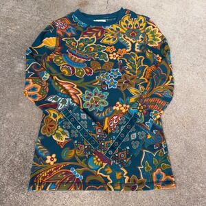 Sundance Teal Floral Paisley Waffle Knit Thermal Top Button Cuff XS